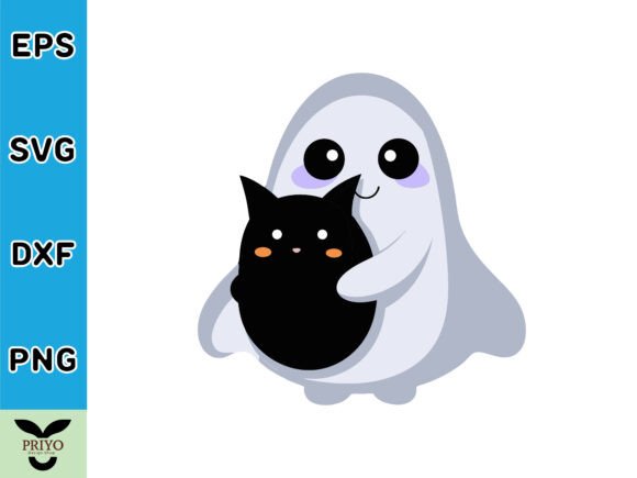 Cute Ghost Holding Black Cat SVG Vector